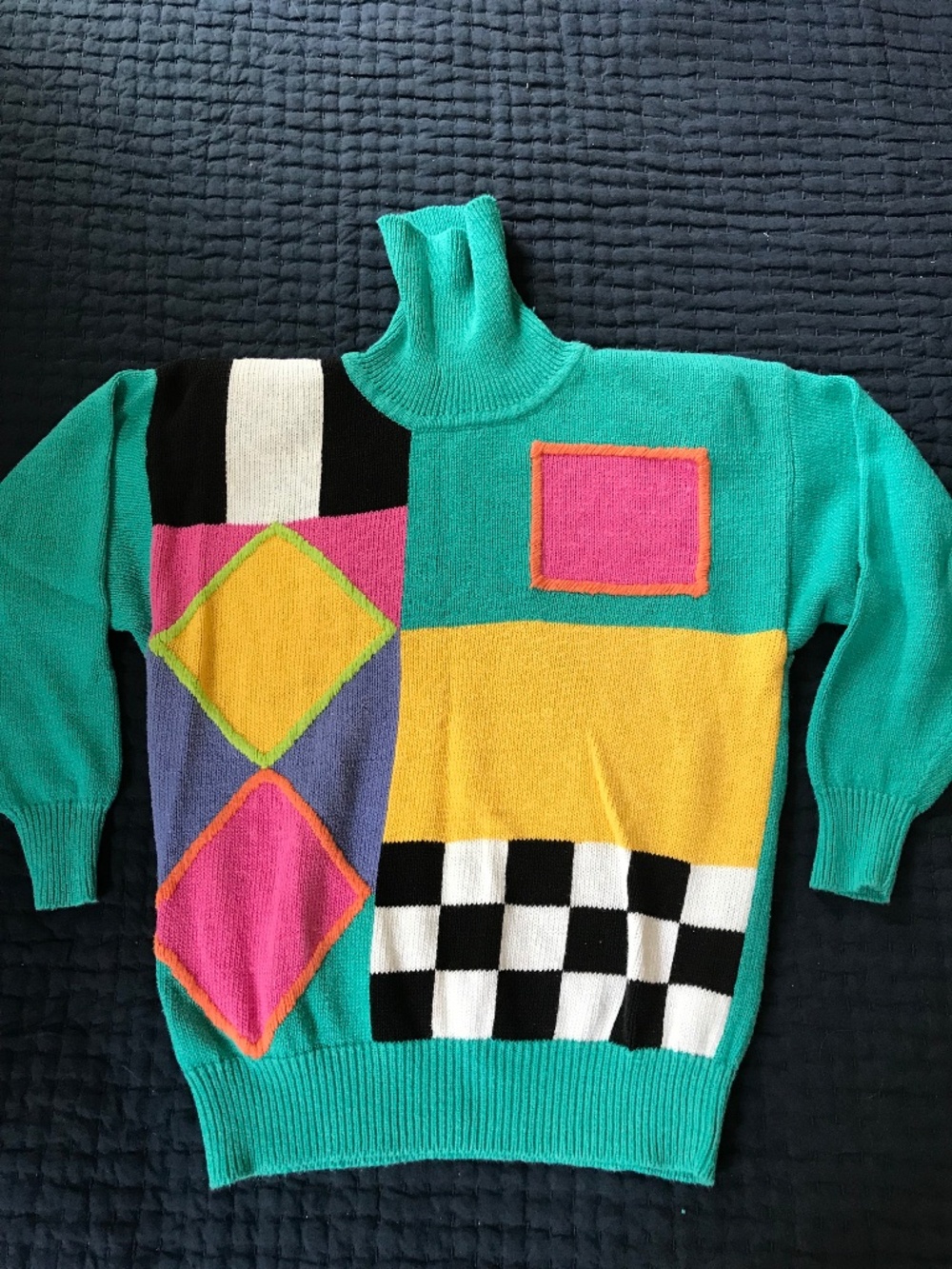 Vtg 90s Sweater Womens M Geometric Abstract Pullover Turtleneck Colorful Green